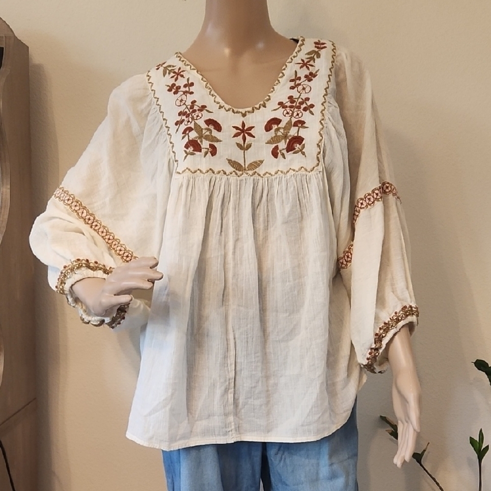 Max Studio Cream Peasant Blouse with Rust & Olive Embroidery